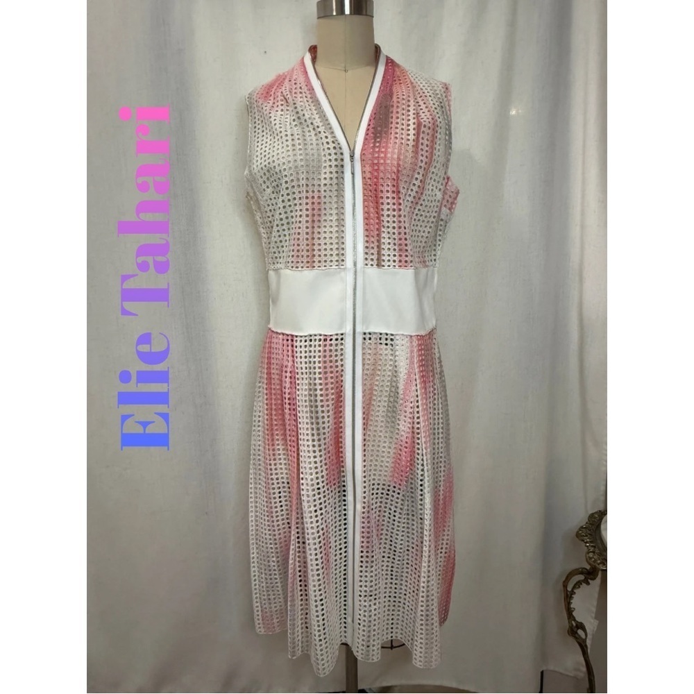 NWT Elie Tahari White Mesh Eyelet Zip Dress Pink Lining Sleeveless Size 8